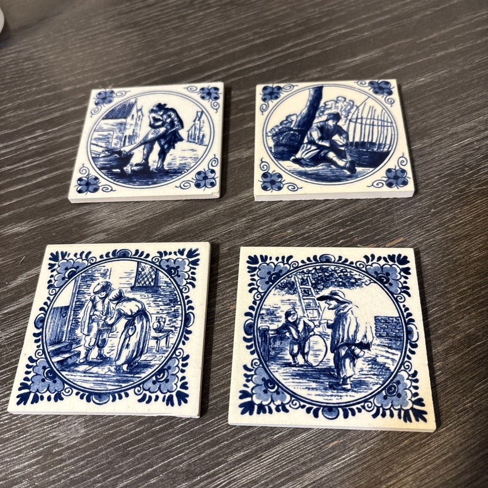Vintage Delft Blue Decorative Tiles Lot of 4 Dutch Scenes 3x3